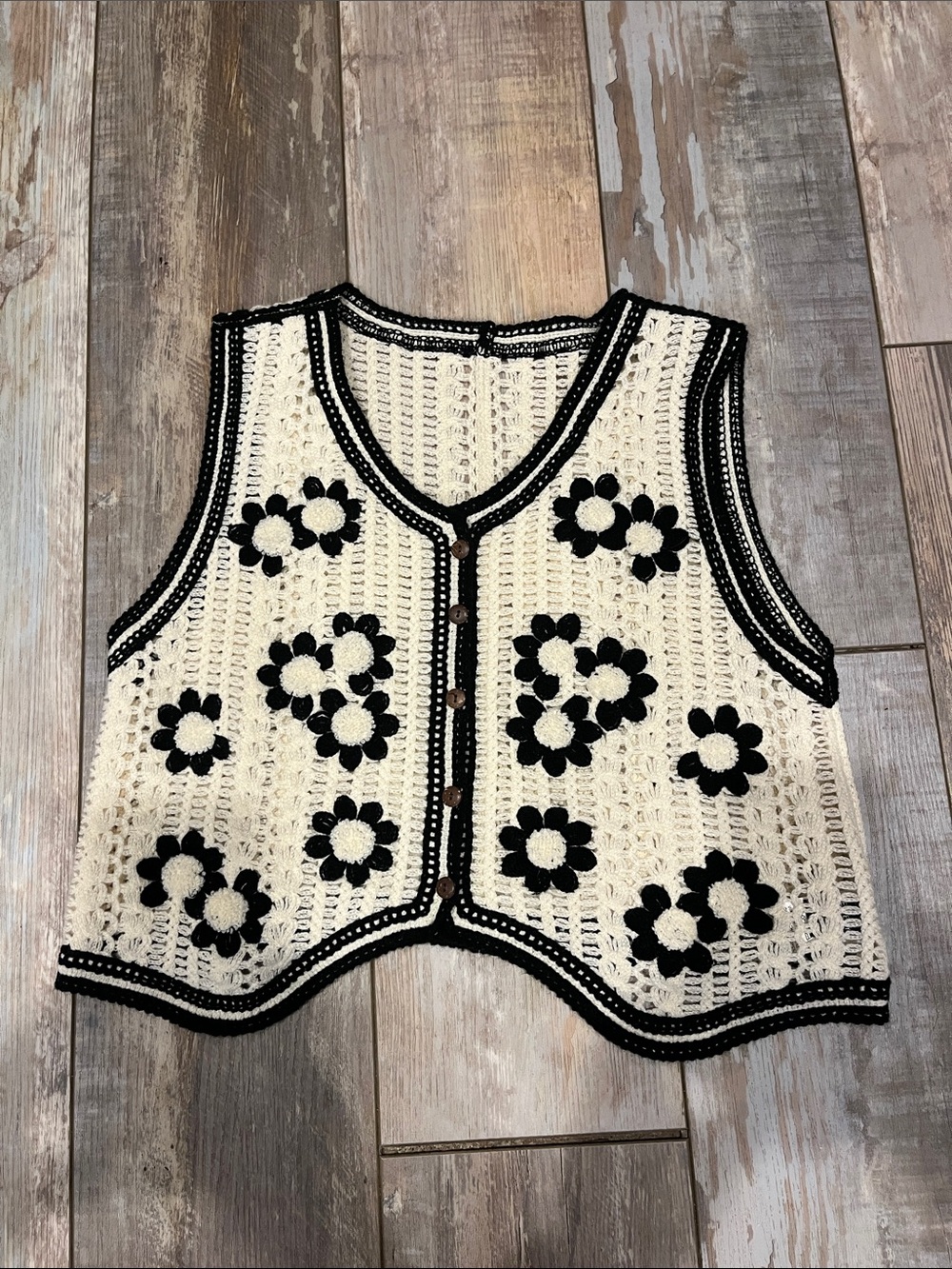 Crochet Flower Button-Front Vest - Cream and Black